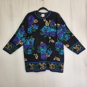 Holiday Time Womens Sweater Black Roses Metallic Knit Long Sleeve Pullover 2X